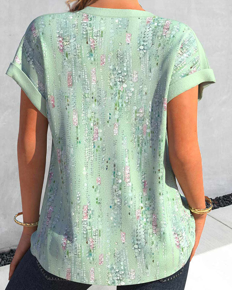 Button-up printed short-sleeved blouse