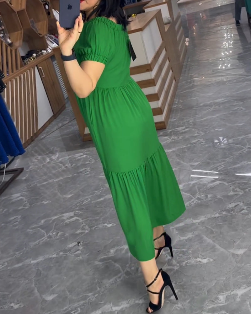 Solid color round neck short sleeve dress