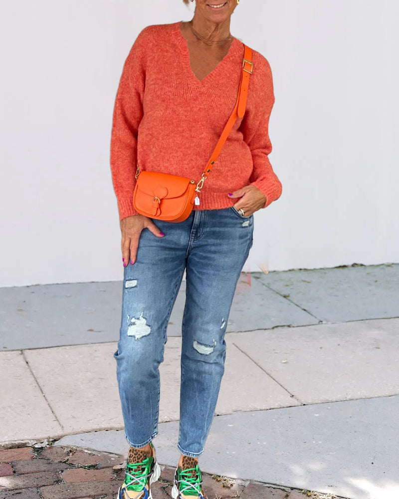 Solid color V-neck Pullovers