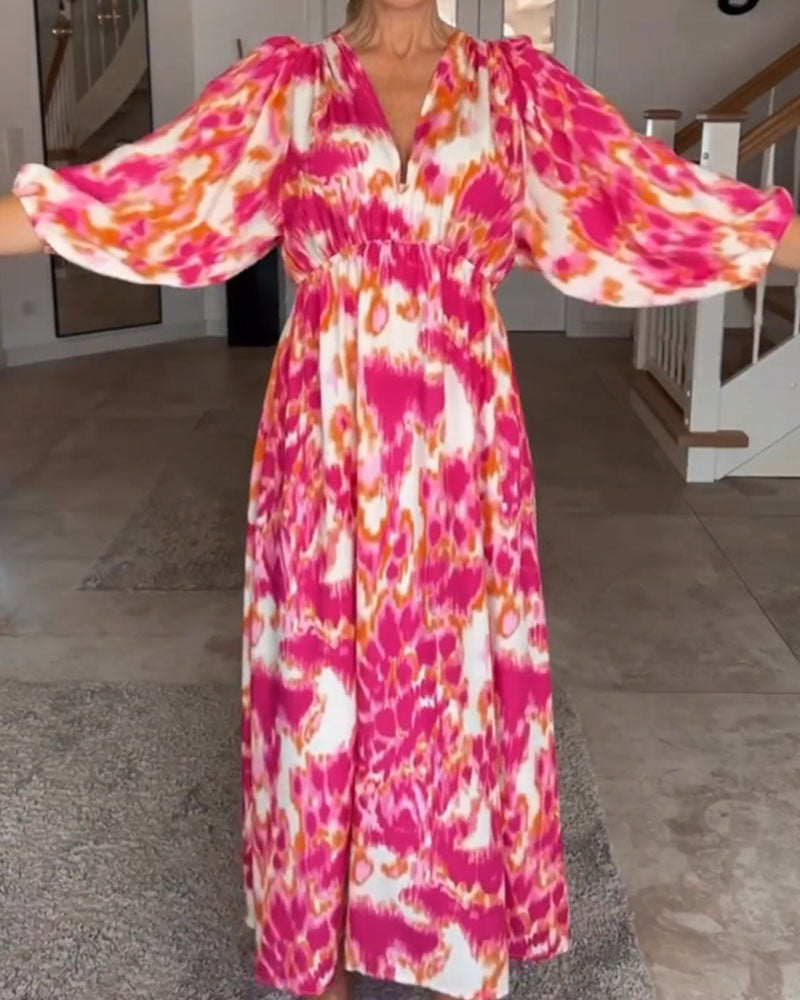 Fashion print v neck 3/4 sleeve dress