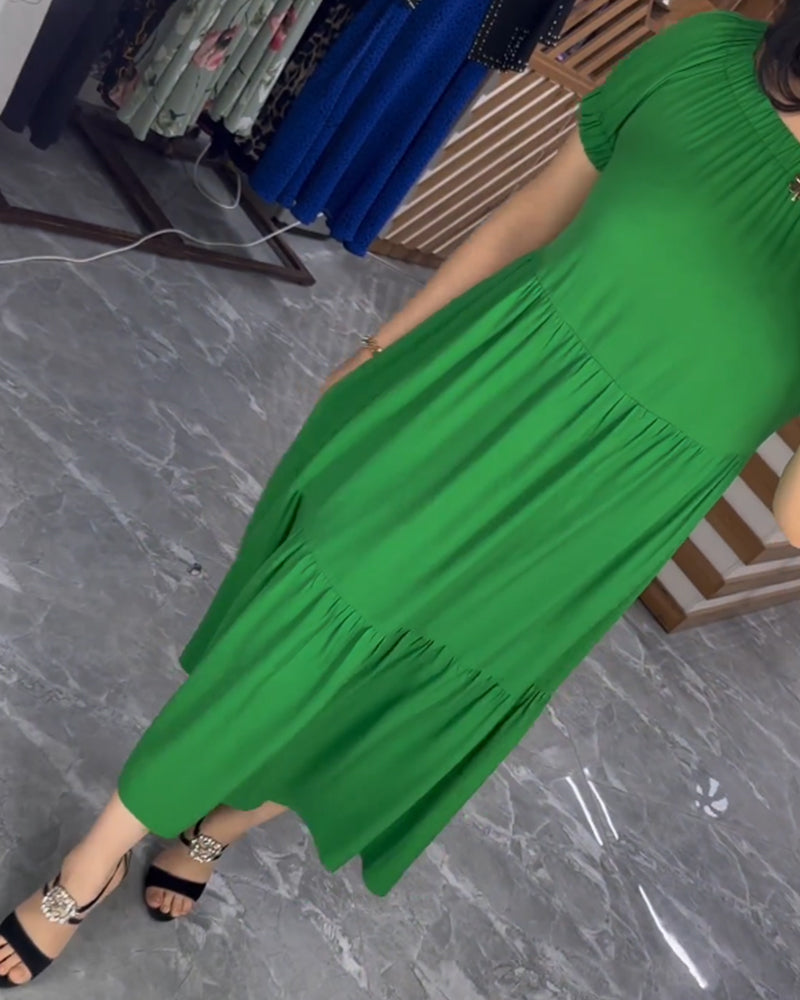 Solid color round neck short sleeve dress