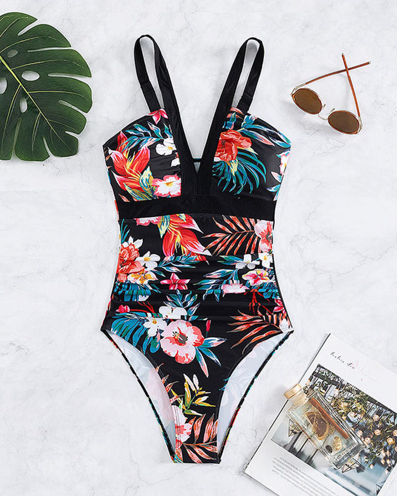 Floral print fashion one piece swimsuit