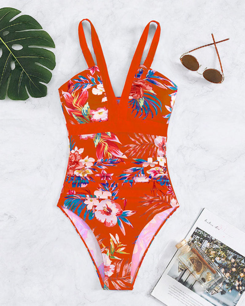 Floral print fashion one piece swimsuit