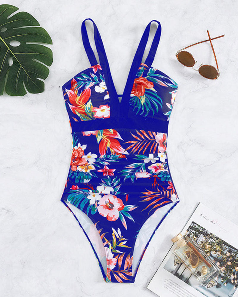 Floral print fashion one piece swimsuit
