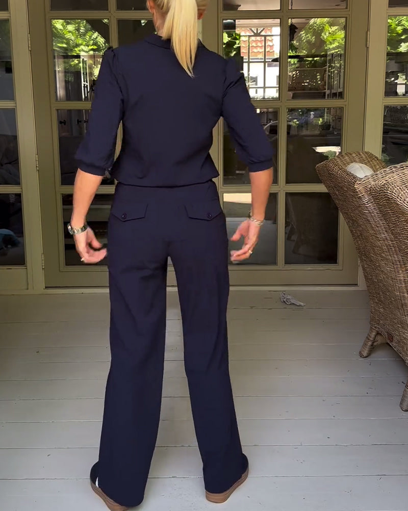 Fashion solid color V-neck pocket set