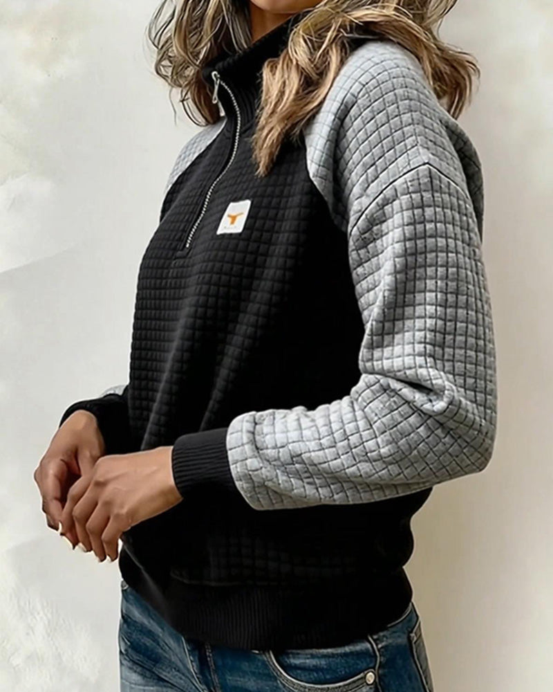 Stand Collar Waffle Color Block Sweatshirt