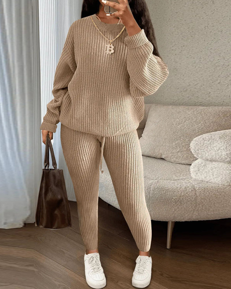 Round neck solid color casual two-piece set