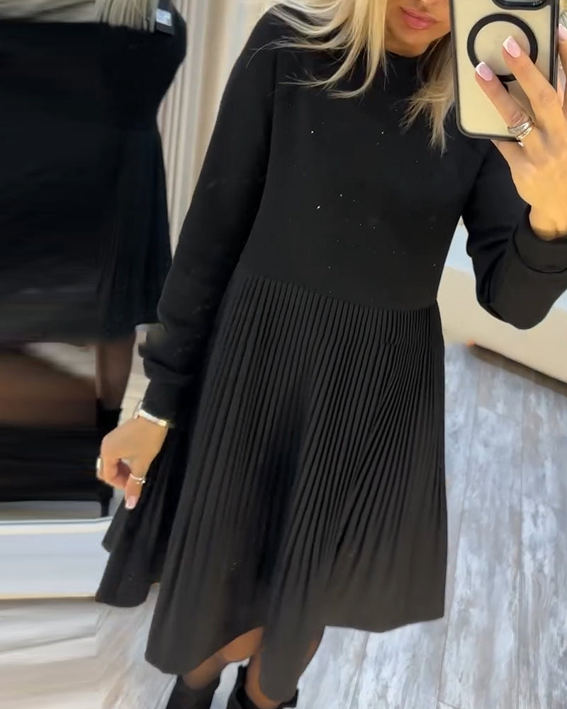 Long-Sleeved Rhinestone Pleated Dress