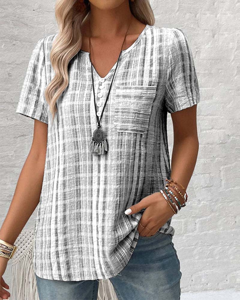 Casual V Neck Striped Plaid T-Shirt