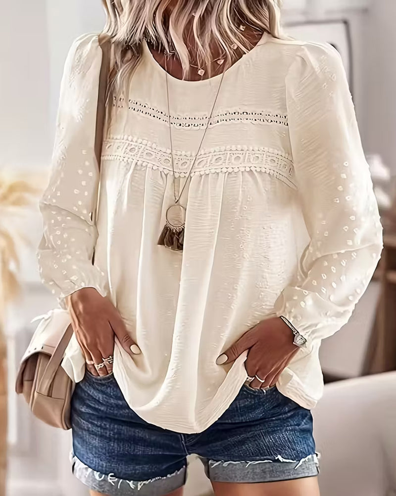 Lace Paneled Crew Neck Blouse