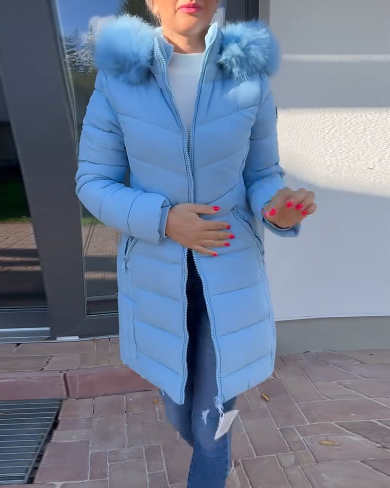 Casual solid color zipper pocket hooded padded jacket