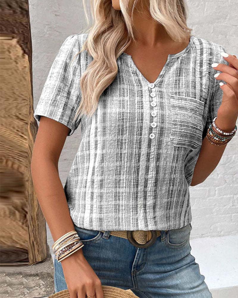 Casual V Neck Striped Plaid T-Shirt