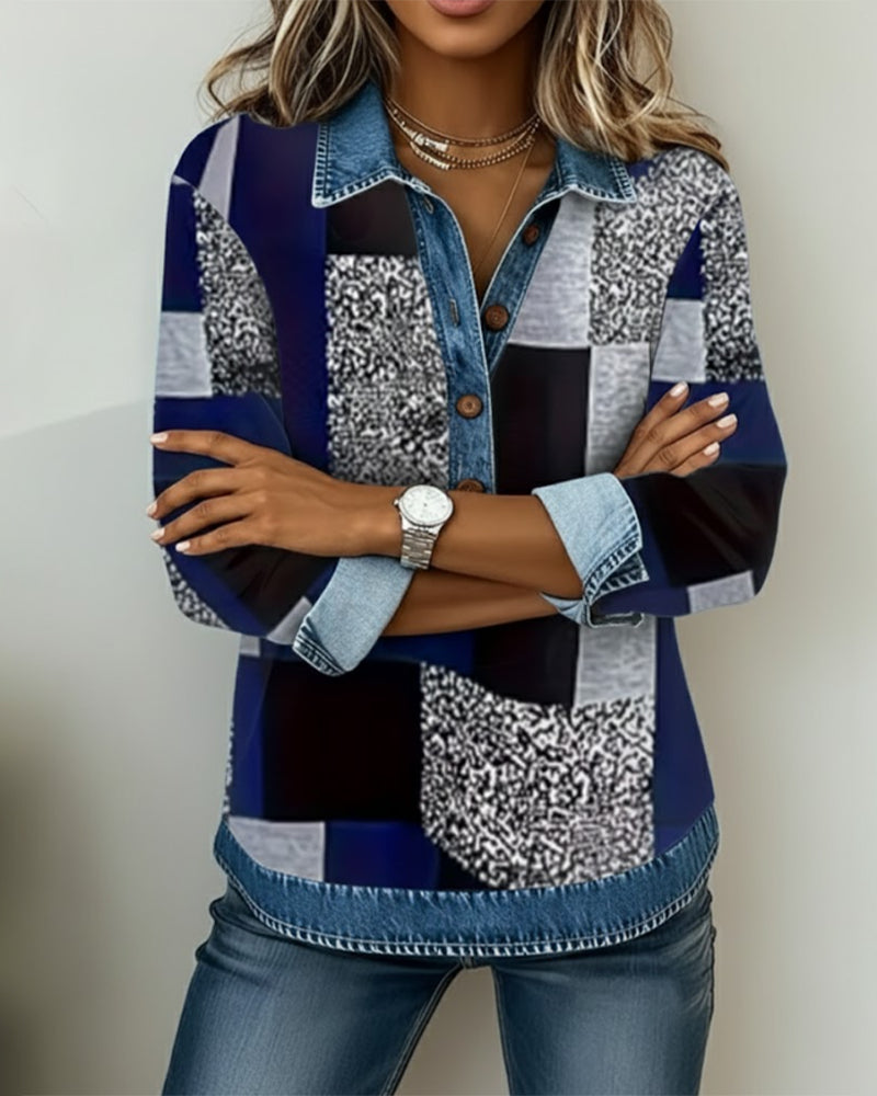 Denim Patchwork Print Casual Sweatshirt