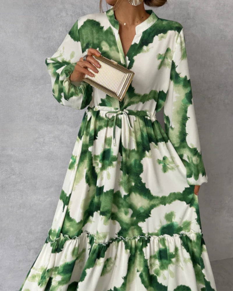 Elegant tie-dye patchwork drawstring balloon sleeve dress