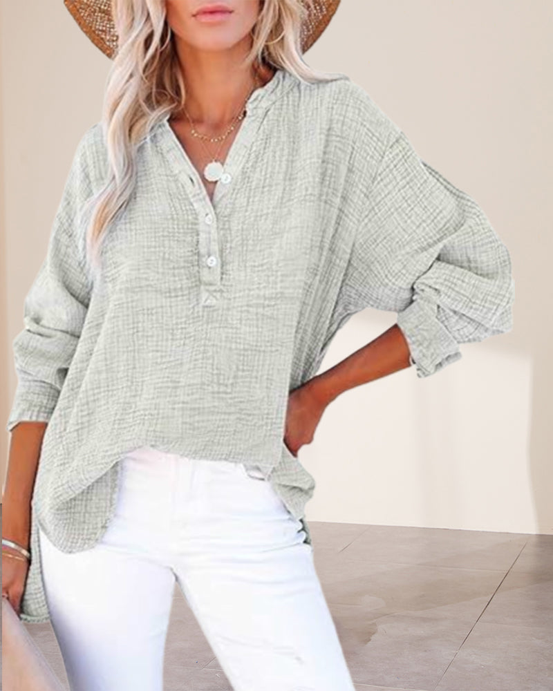 Pleated Button Long Sleeve Blouse