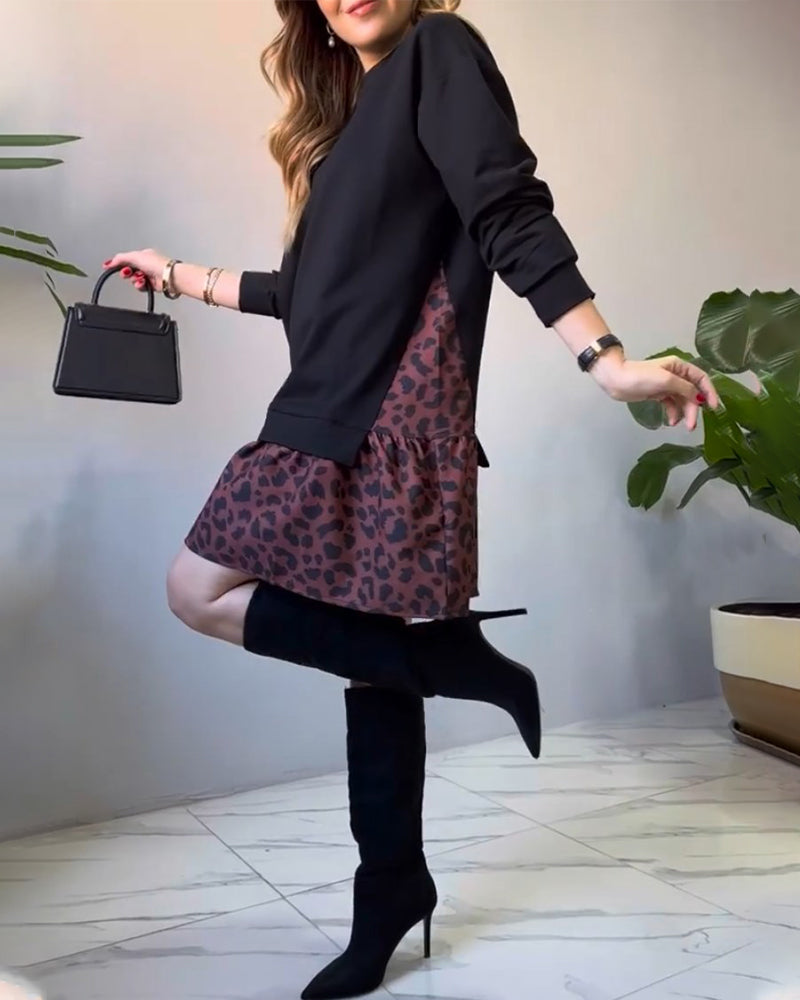 Patchwork leopard print casual dress