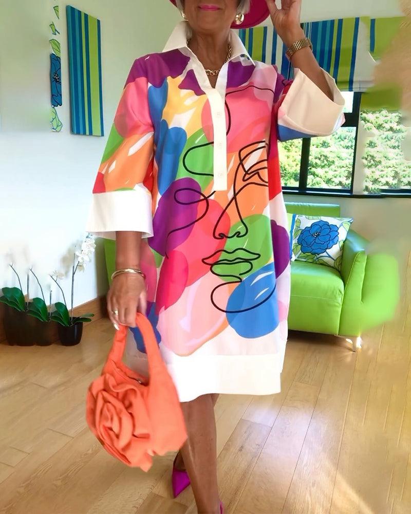 Lapel color portrait print dress