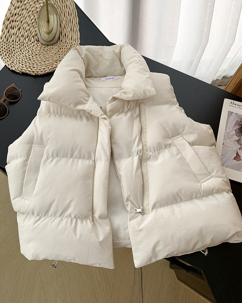 Simple solid color zipper pocket sleeveless padded jacket