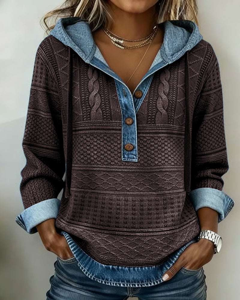 Cable Knit Denim Patchwork Hoodie