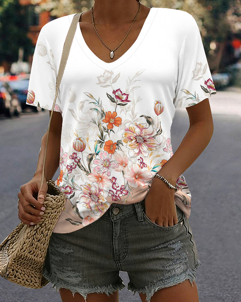 Printed V-Neck Casual Short-Sleeved T-Shirt
