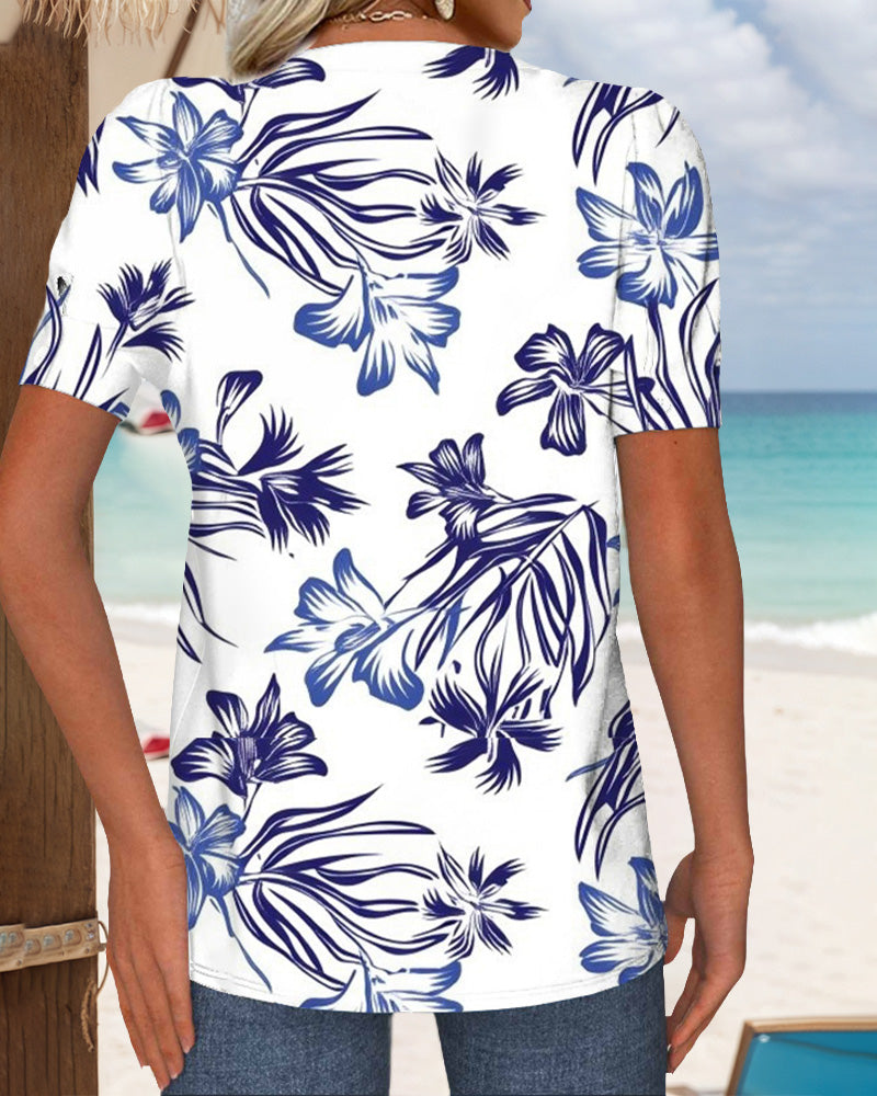 Crew Neck Floral Print Knitted T-Shirt