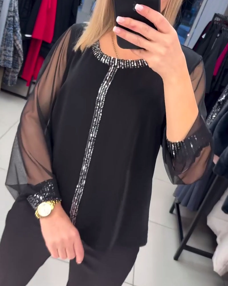Sequin Panel Long Sleeve Blouse