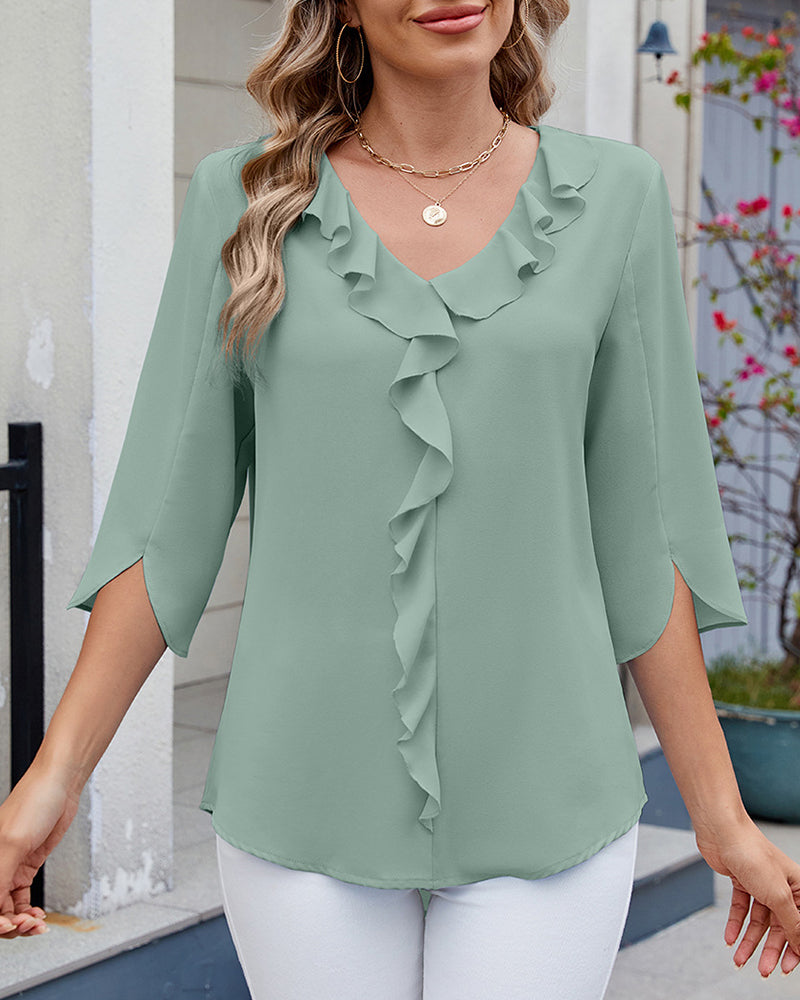 Half-Sleeved Ruffled Solid Color Casual Blouse
