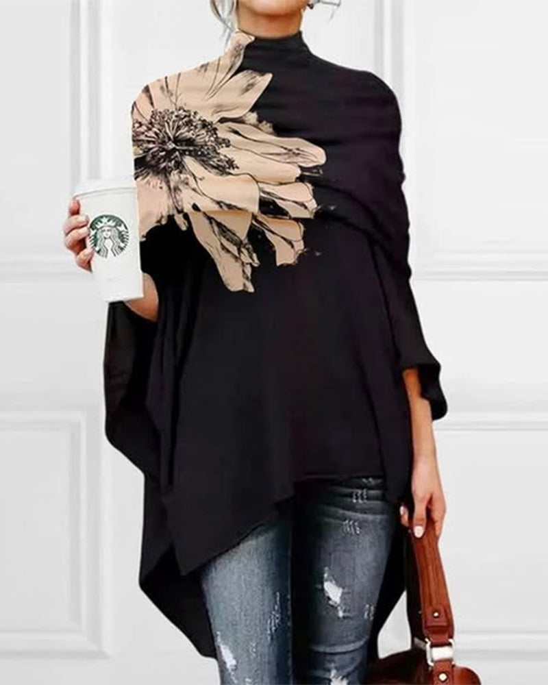 Floral High-Neck Asymmetric T-Shirt