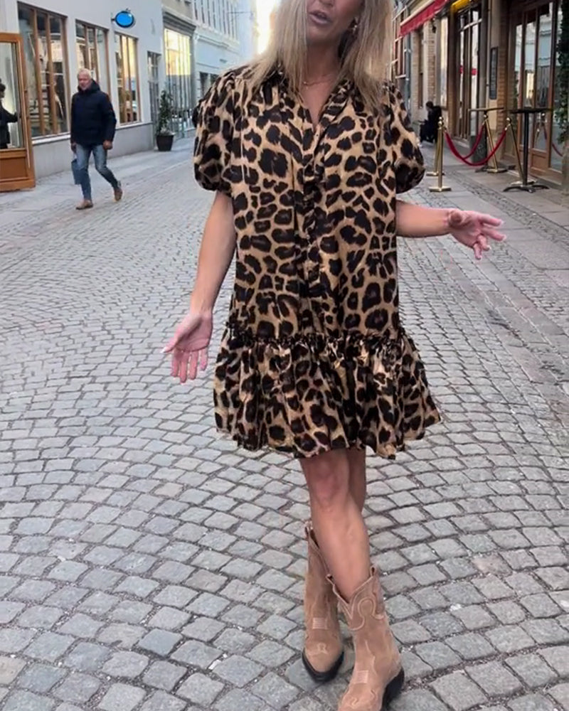 Puff-Sleeved Leopard Print Dress