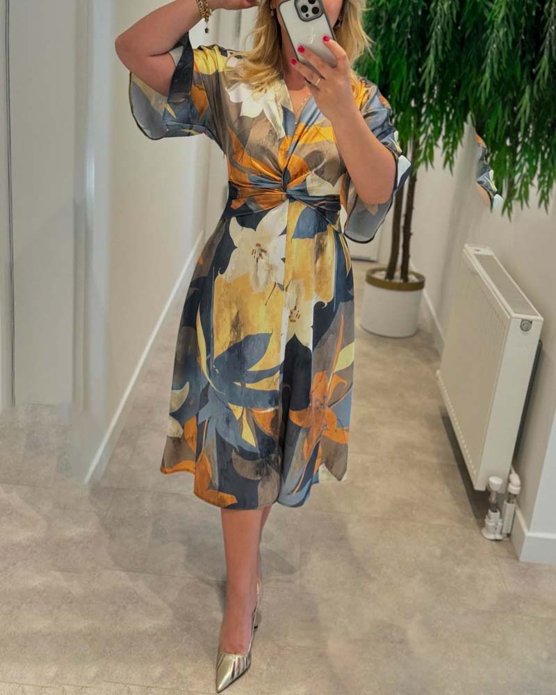 Floral print twist v neck elegant dress