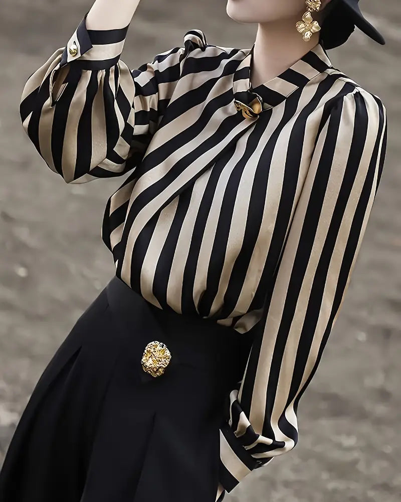 Drape Stand Collar Striped Blouse