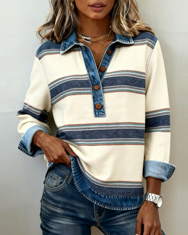Long-Sleeved Color-Blocked Collared Sweatshirt
