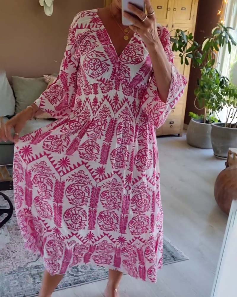 Elegant printed V-neck pleated bell-sleeve dress