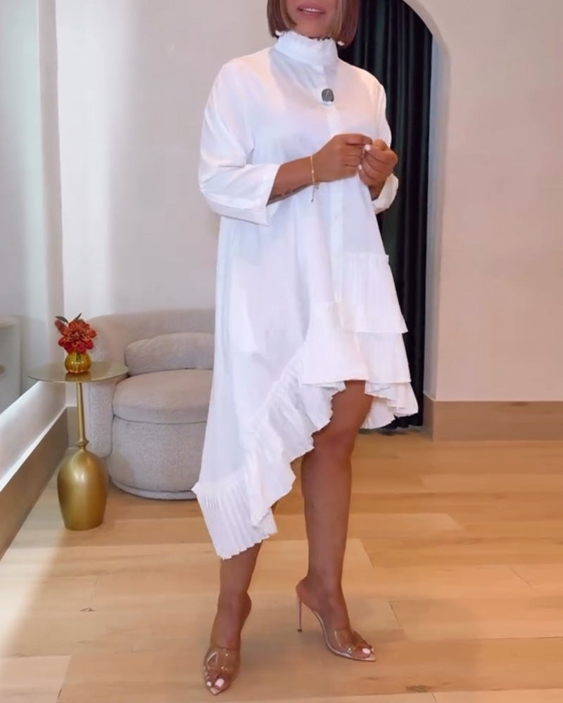 Stand Collar Irregular Pleated Dress