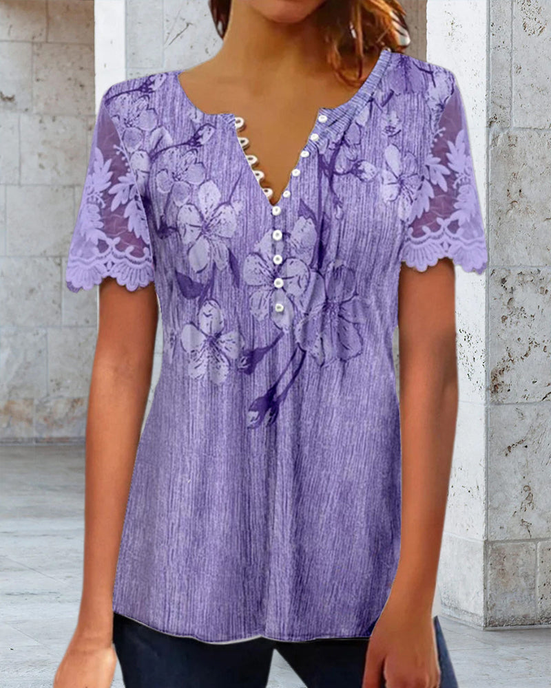 Lace Panel Round Neck Printed Blouse