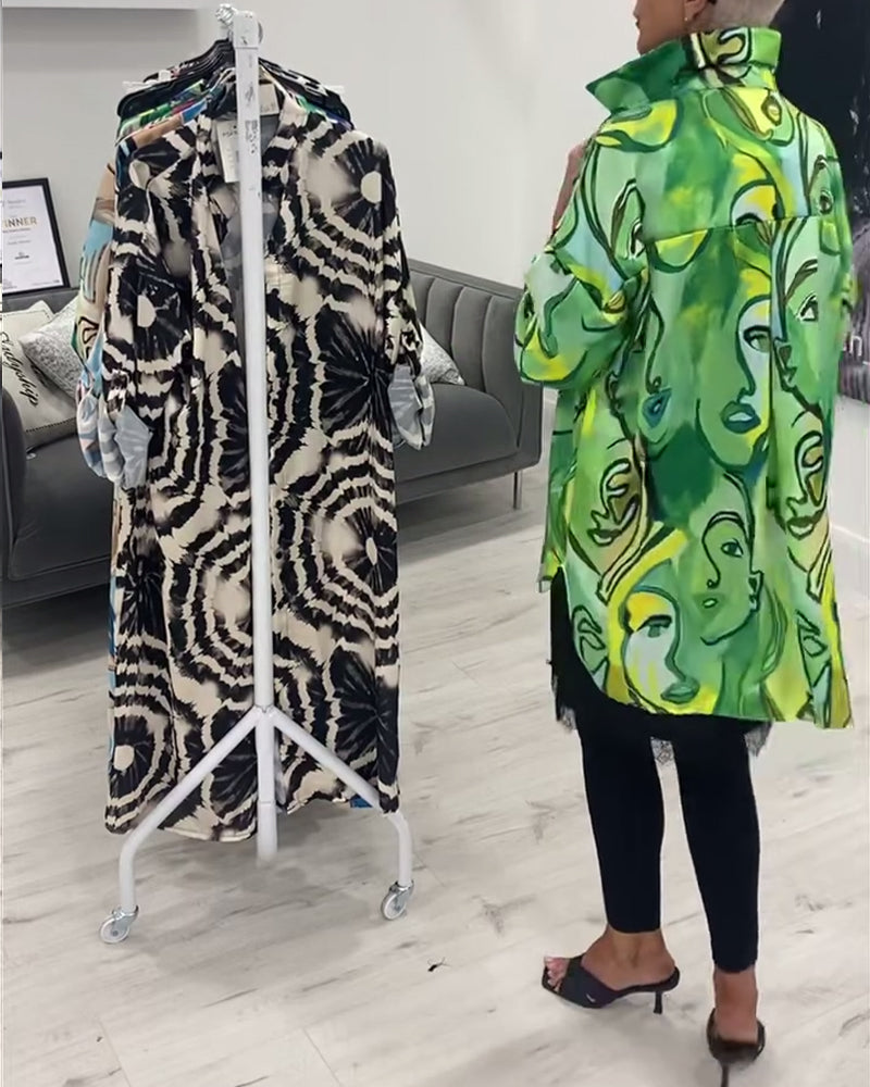 Face print lapel casual shirt