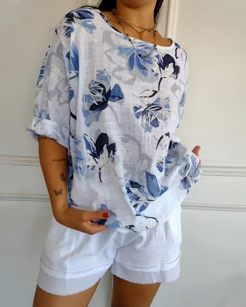 Round Neck Long Sleeve Printed Blouse