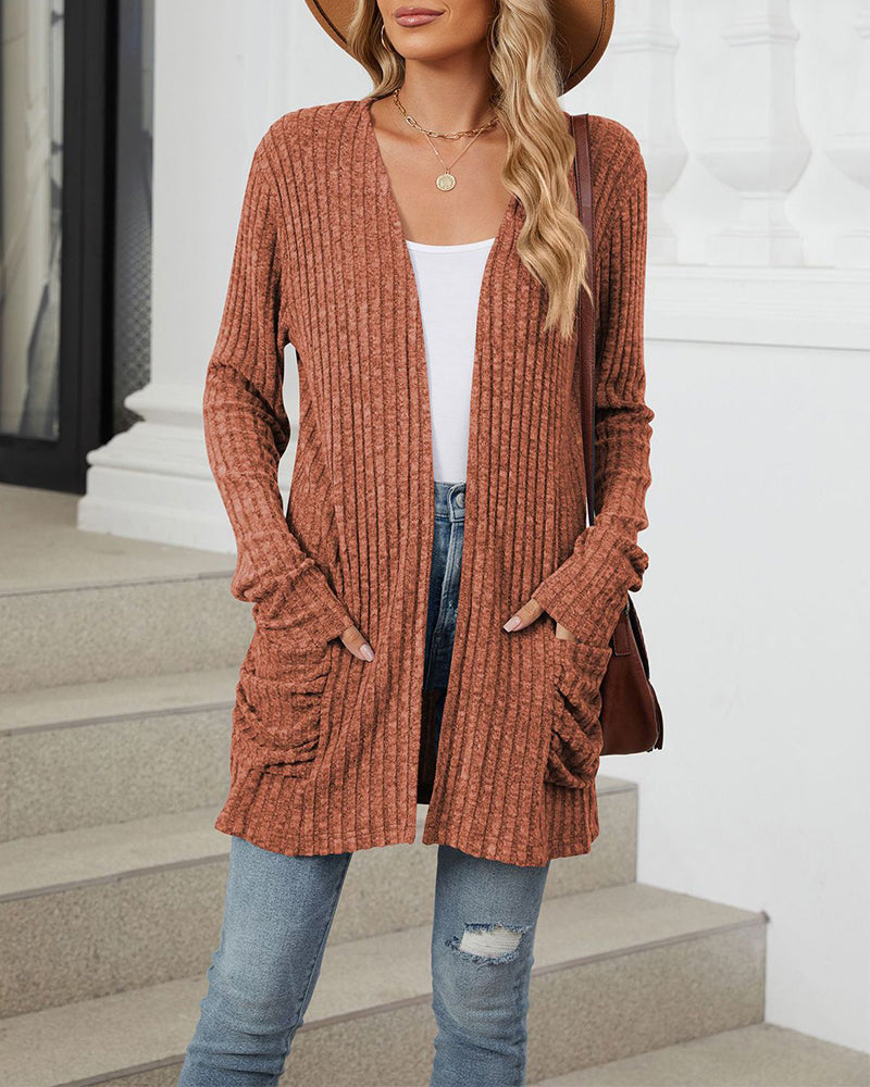 Casual solid color pocket long sleeve cardigan