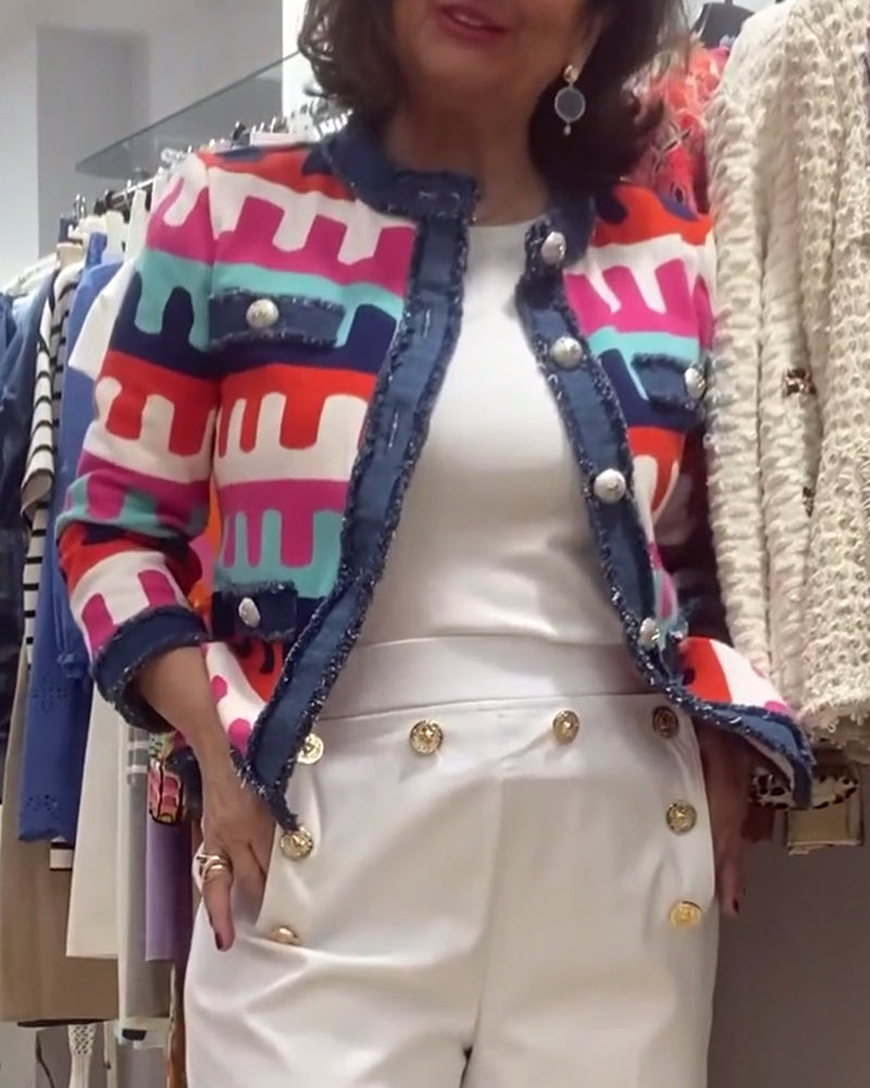 Raw edge button colorful print jacket