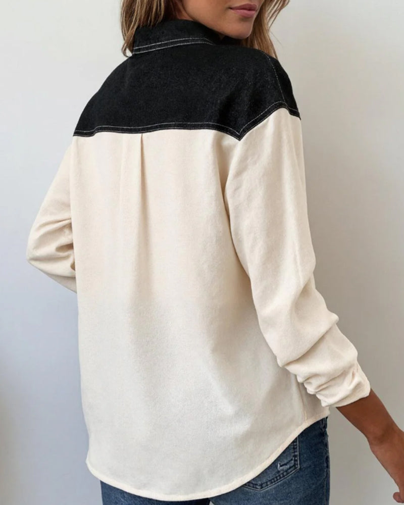 Casual Lapel Denim Patchwork Blouse
