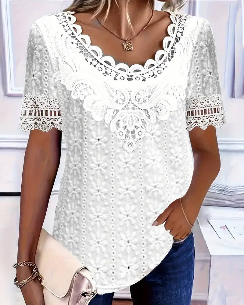 Round Neck Lace Crochet Short Sleeve Blouse