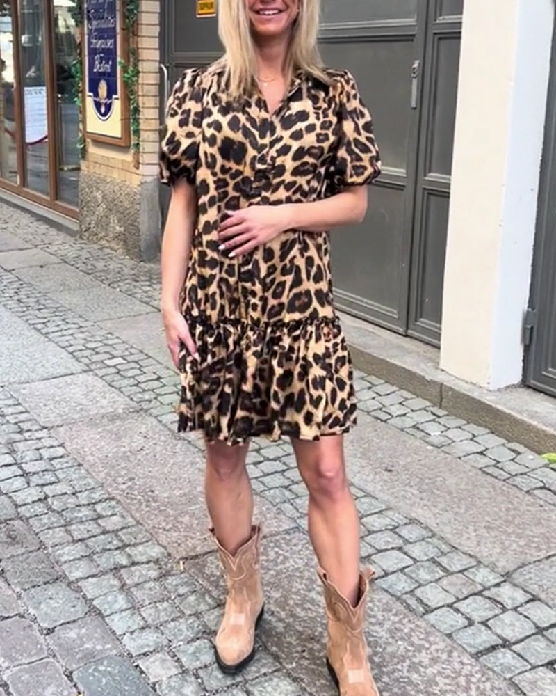 Puff-Sleeved Leopard Print Dress