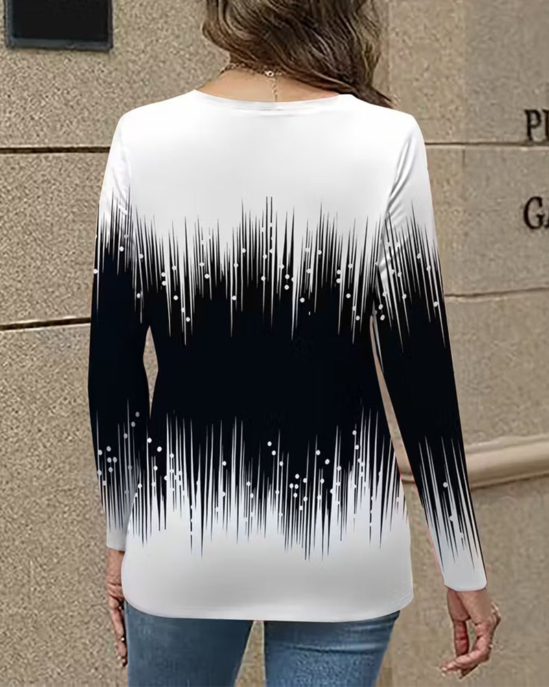 Gradient V-Neck Printed Long-Sleeved Top