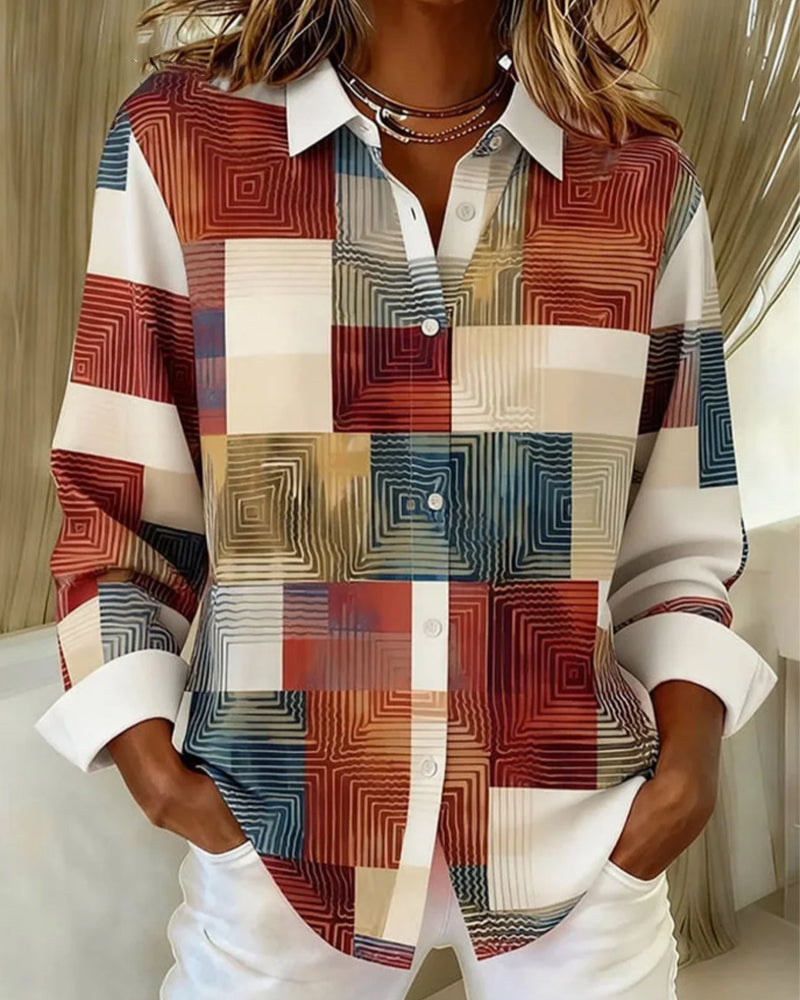 Lapel Button-Down Checkered Shirt