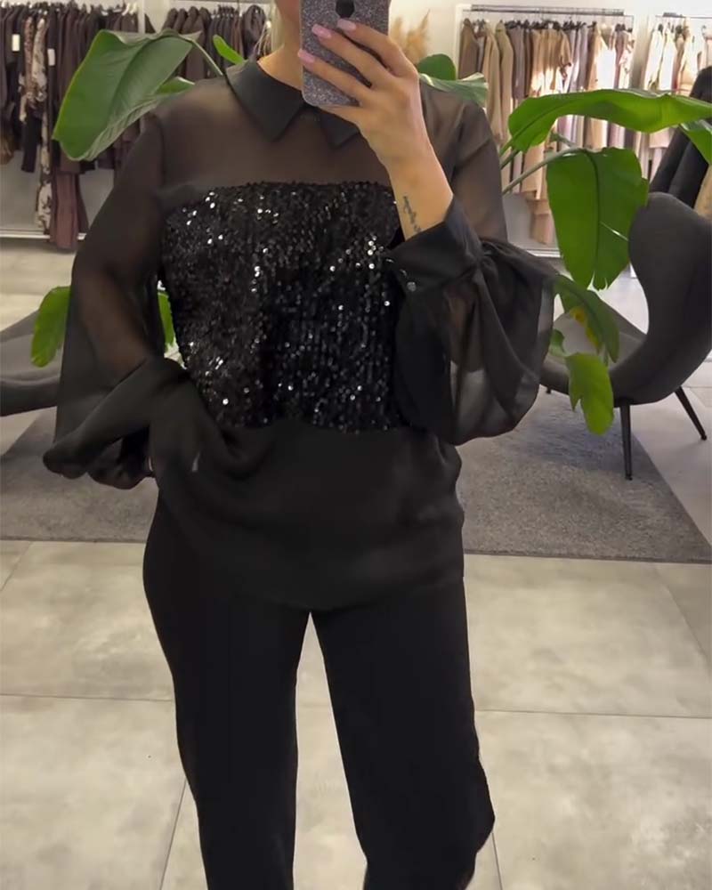 Solid Color Puff Sleeve Collar Blouse