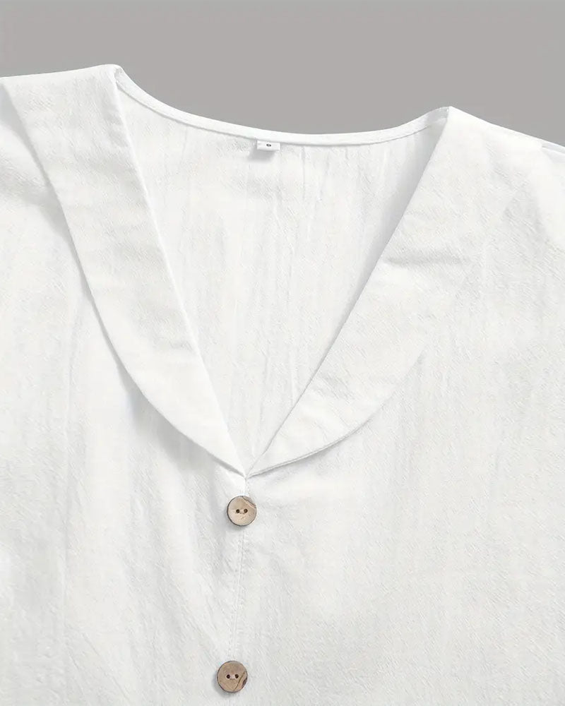 Lapel Solid Color Button Short Sleeve Blouse