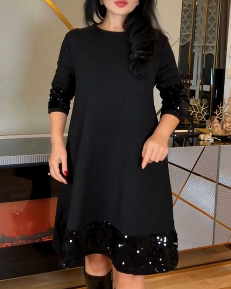 Long-Sleeve Crew Neck Sequin Loose Dress