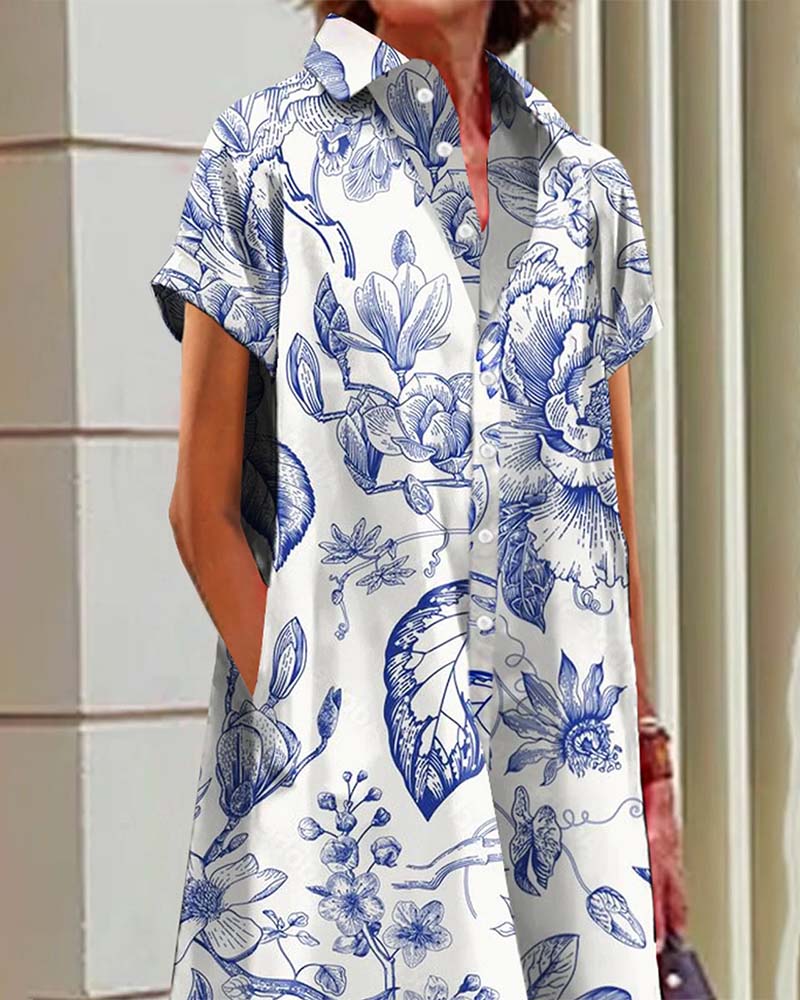 Casual elegant printed dress with lapel pockets