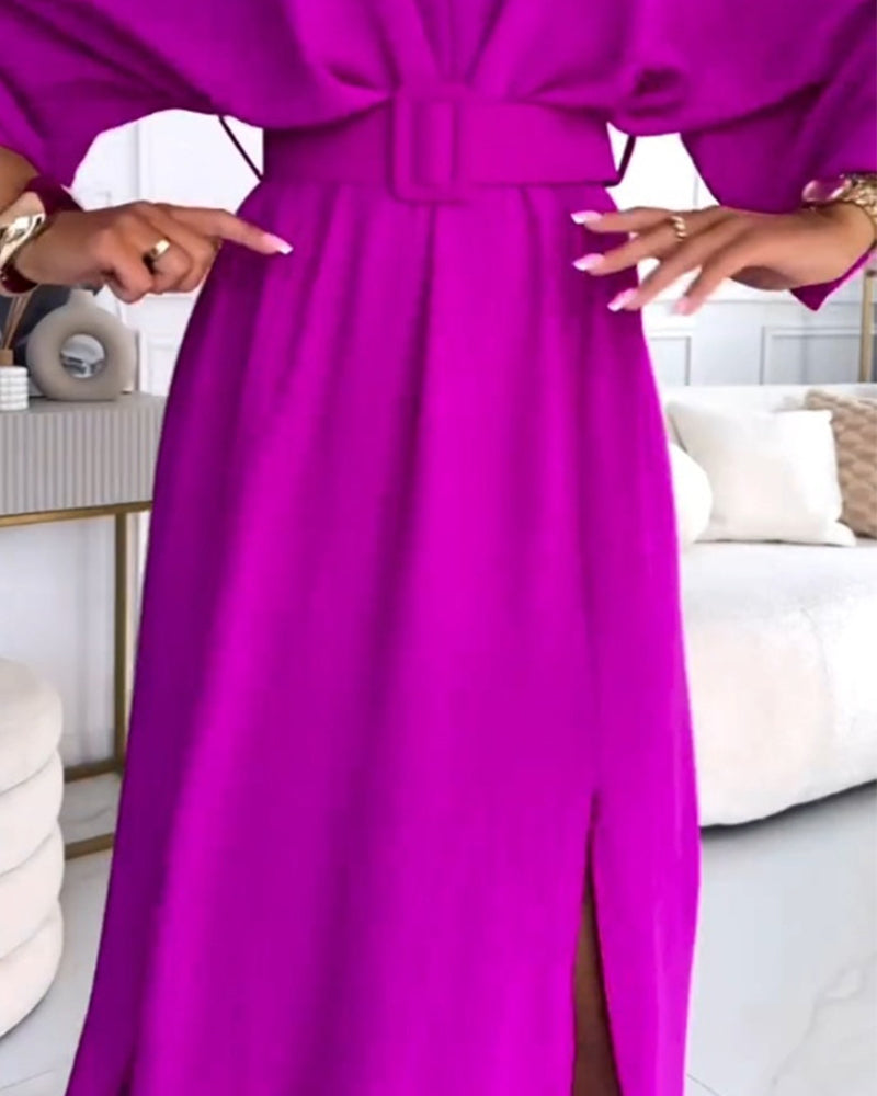 Elegant solid color V-neck slit long sleeve dress