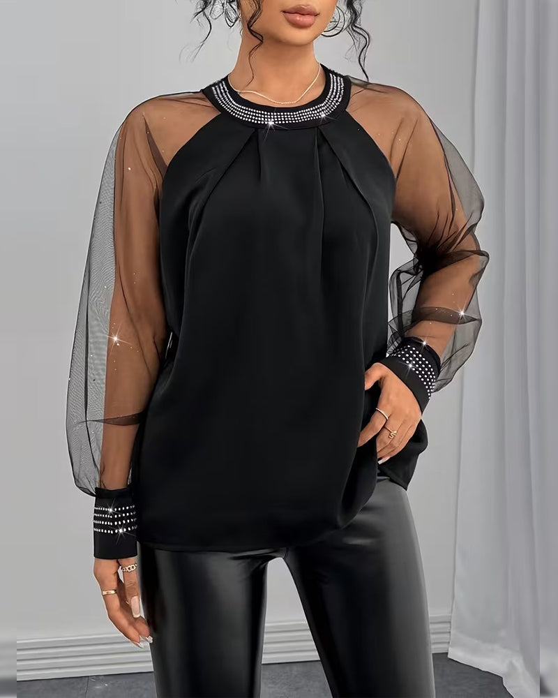 Hot Rhinestone Mesh Long-Sleeved Fashionable Blouse